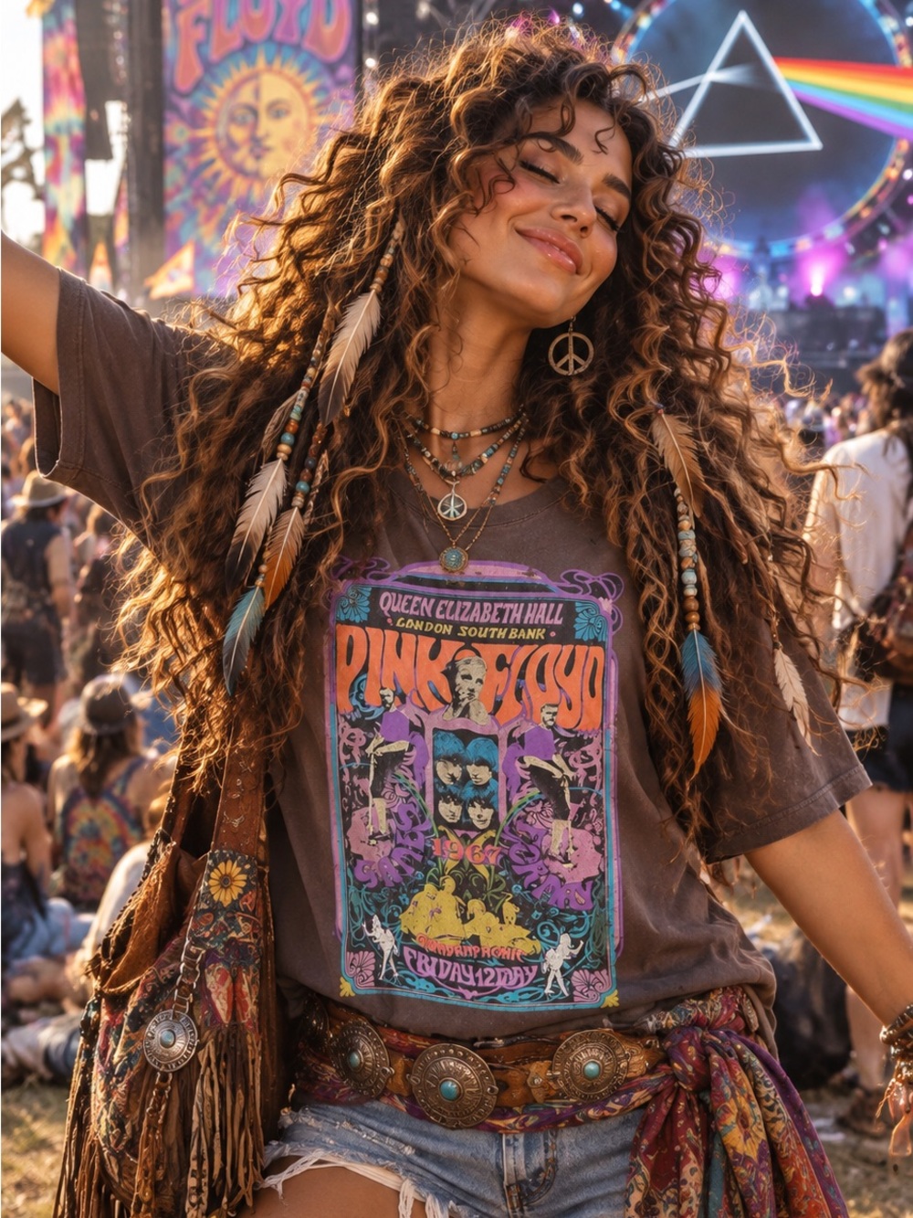 Pink Floyd graphic t-shirt features a colorful psychedelic Design